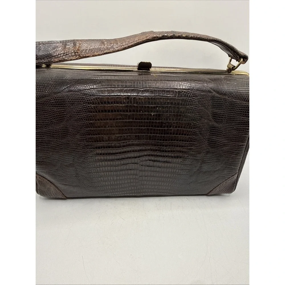 Vintage 1950's Alligator Lizard Brown Hand Bag Purse Gold Accents